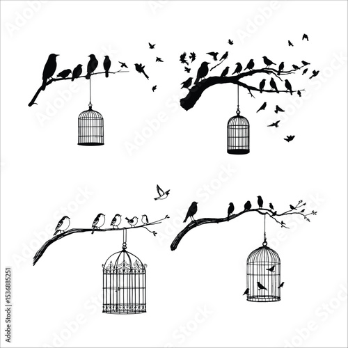 Birds and Hanging Birdcages – Representation of Freedom, Companionship, and Nature's Harmony Vector Illustration