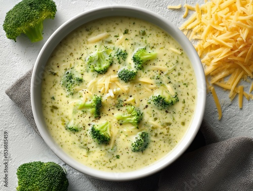 A bowl of creamy broccoli cheddar soup with shredded cheese on a gray surface and cloth napkin