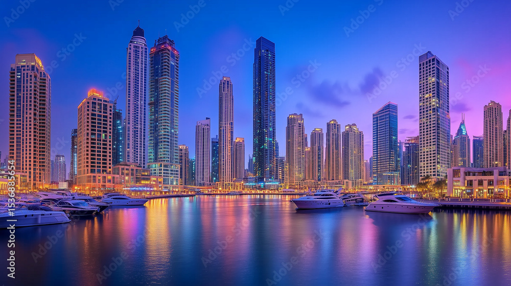 Fototapeta premium Urban Harbour Night Skyline with Skyscrapers and Neon Reflections