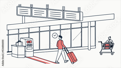 Airport Departure Passenger with Luggage and SelfCheckin Kiosk.