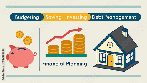Budgeting saving investing debt management and financial planning illustration.