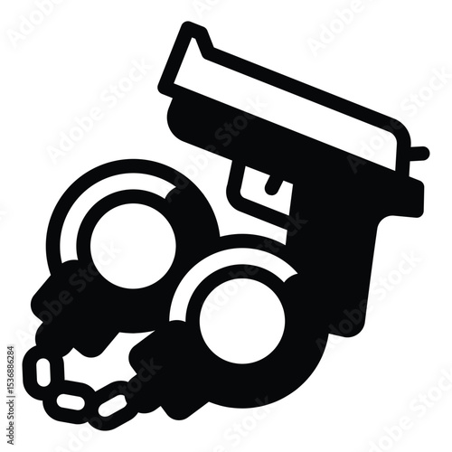 Pistol gun and handcuffs solid icon, family lawyer concept. Vector graphics. Handcuffs with pistol, crime responsibility sign on white background, style mobile or design.