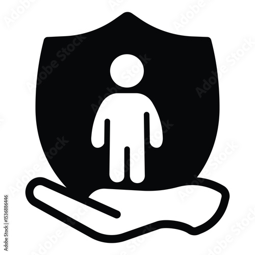 Child care and safety emblem solid icon, family lawyer concept. Vector graphics. Hand with child on shield, human rights sign on white background, style mobile or design.