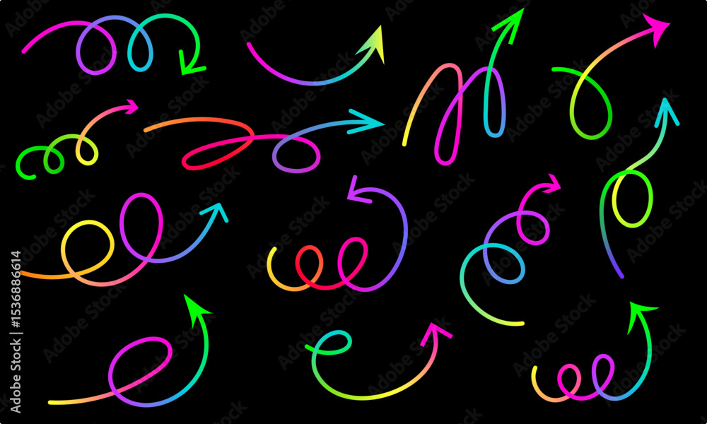 Obraz premium Arrows vector set in rainbow gradient colors for infographics, user interface, web design, presentations and creative modern digital projects. 