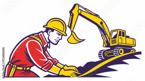 Cartoon construction worker with excavator digging into the ground.