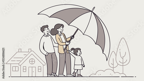 Cartoon family under umbrella protection concept house and trees.