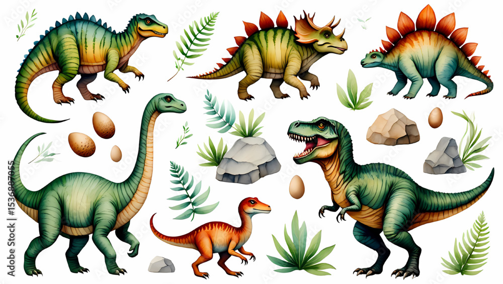 Naklejka premium Watercolor dinosaurs isolated on white background, prehistoric creatures
