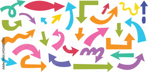 Colorful arrow vector doodle set featuring bold, playful, curved, and abstract arrows. Perfect for infographics, presentations, web design, social media graphics, marketing, icons, UI elements