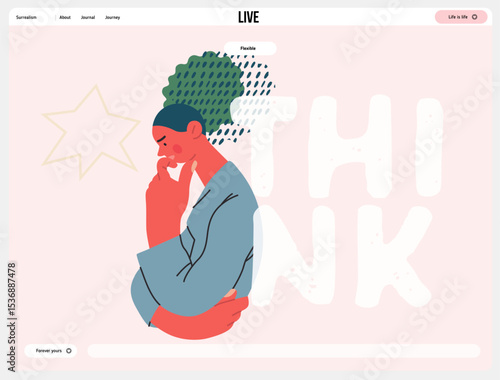 Thinking people, modern flat vector concept illustration- woman standing thoughtfully, looking down, bubble near head Metaphor for reflection, analysis, introspection, contemplation, deep thought