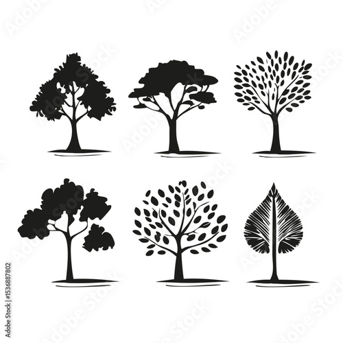 Ensemble de 6 Illustrations Silhouettes d'Arbres pour Paysagiste, Couleur Noir et Blanc, Dessin Vecteur
