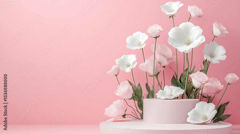 Obraz premium pink podium with flowers and pastel pink wall.