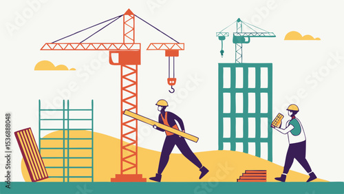 Construction Workers Building a Modern Skyscraper.