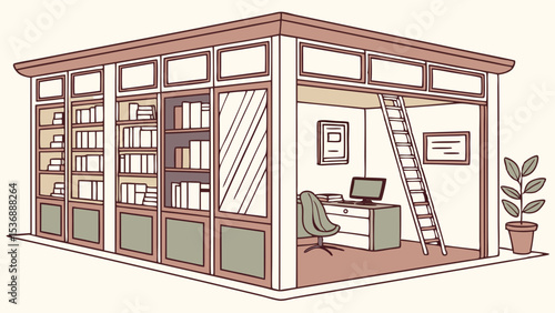 Cozy Study Nook with Bookshelves and Ladder.