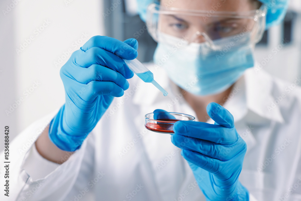 Scientist working with sample in Petri dish in laboratory, selective focus Scientist working with sample in Petri dish in laboratory, selective focus