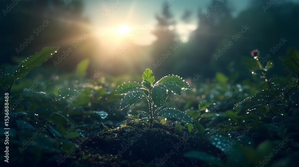 Fototapeta premium Morning dew glistens on a spider web, creating a sparkling display in the early sunlight over a tranquil landscape