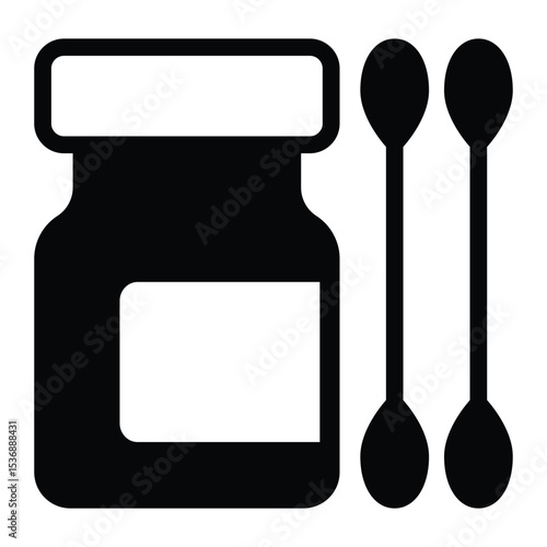 Two ear cotton swabs and jar solid icon, pharmacy concept. Vector graphics. Jar of medicine and swab stick pair sign on white background, style mobile or design.
