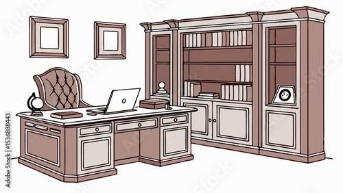 Elegant Home Office Setup with Wooden Desk Bookcase and Laptop.