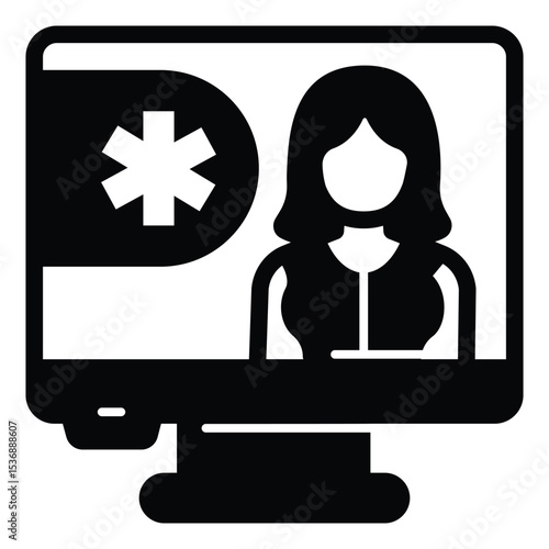 Monitor screen with medical consultant solid icon, pharmacy concept. Vector graphics. Display with woman, tele medicine sign on white background, style mobile or design.