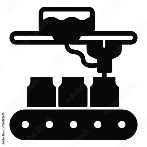 Faucet tap at conveyor and jars solid icon, pharmacy concept. Vector graphics. Conveyor belt with jar medicine product sign on white background, style mobile or design.