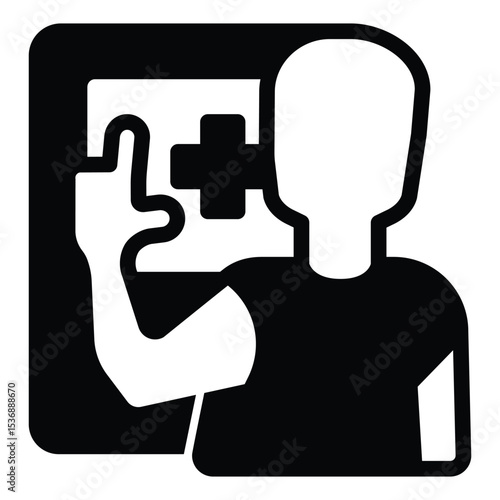 Customer man with medical machine solid icon, pharmacy concept. Vector graphics. Man with touch screen and medical cross sign on white background, style mobile or design.
