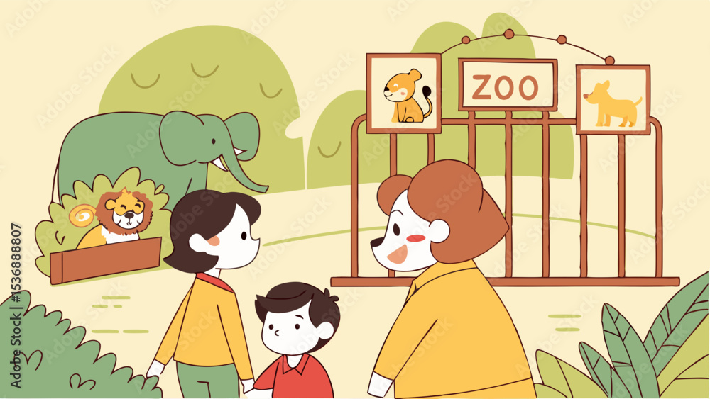 Fototapeta premium Family Visiting the Zoo Cartoon Illustration.