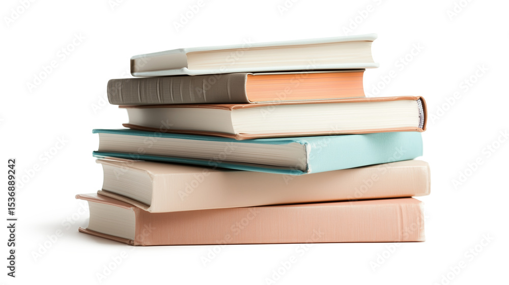 Fototapeta premium Stacked books in various colors and sizes displayed on a white background showcasing literary diversity and potential for learning