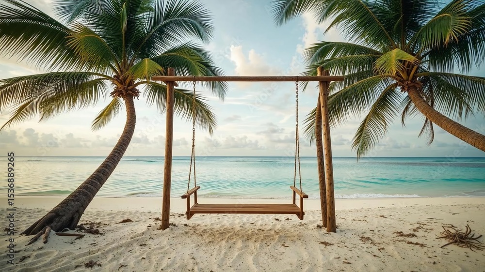 Obraz premium Peaceful Beach Swing Under Palm Trees at Sunset