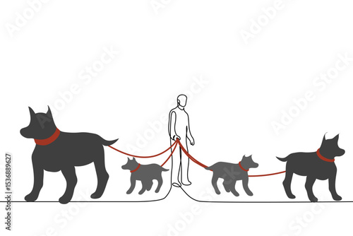 man standing with group of dogs on long collars - one line art vector. concept owner of fighting dogs, metaphor hell hounds - cerberus