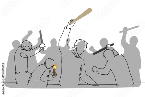 men are rioting, a bunch of aggressive men with clubs, sticks and molotov cocktails are smashing and destroying everything in their path - one line art vector. concept protest, vandalism, banditry