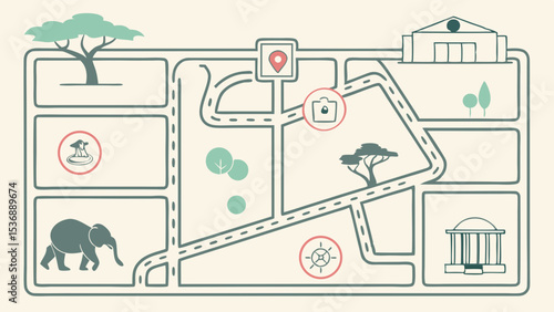 Illustrated Map of a Park with Elephant Buildings and Trees.