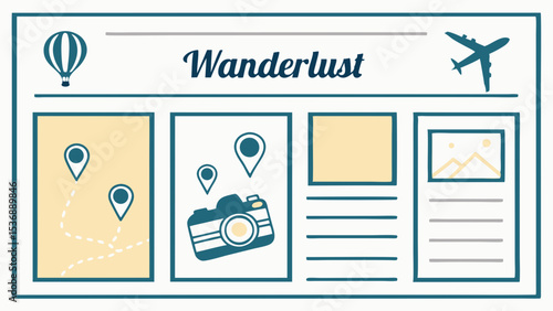 Illustrated Wanderlust Travel Brochure Design with Camera and Map Icons.