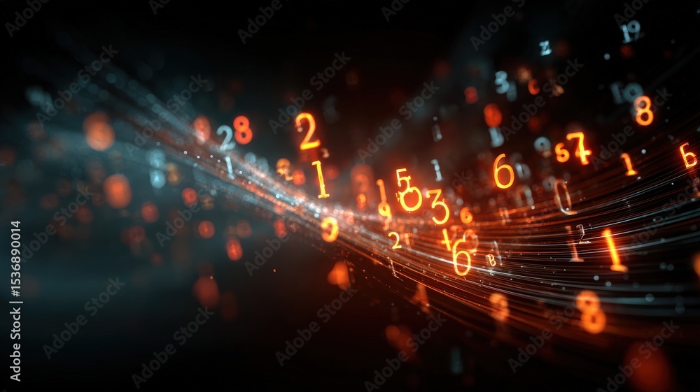 Obraz premium An abstract representation of big data, with glowing numbers and data streams flowing through a dark space.