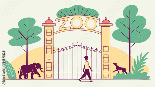 Wallpaper Mural Illustration of a Zoo Entrance with Animals and a Person. Torontodigital.ca