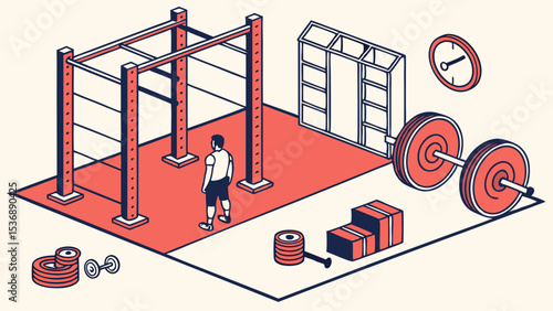 Isometric Gym Interior with Man Equipment and Weights.