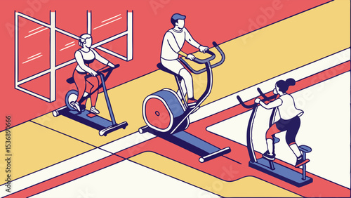 Isometric Illustration of People Exercising on Stationary Bikes and Elliptical Trainer.