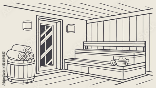 Line Drawing of a Traditional Finnish Sauna Interior.