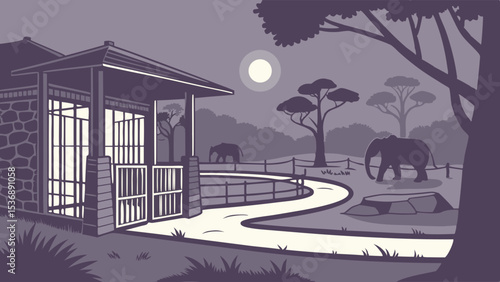 Nighttime Zoo Enclosure with Elephants and Stone Building.