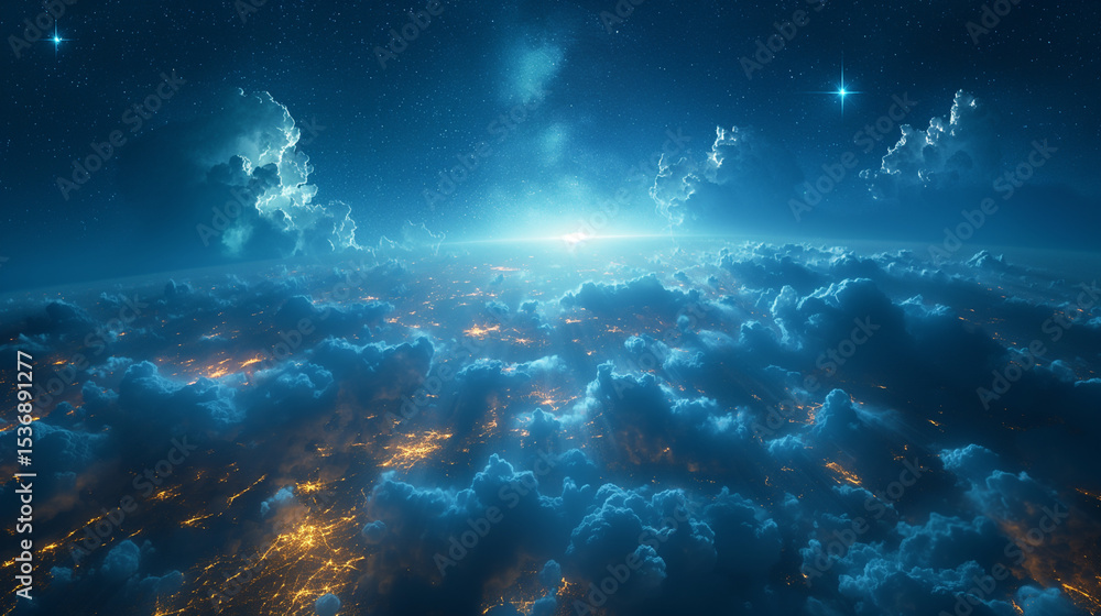 Celestial city glow effect. Aerial view above the clouds with glowing urban lights and a cosmic starry sky. Perfect for smart city themes, futuristic landscapes, or dreamlike environmental storytellin Celestial city glow effect. Aerial view above the clouds with glowing urban lights and a cosmic starry sky. Perfect for smart city themes, futuristic landscapes, or dreamlike environmental storytellin