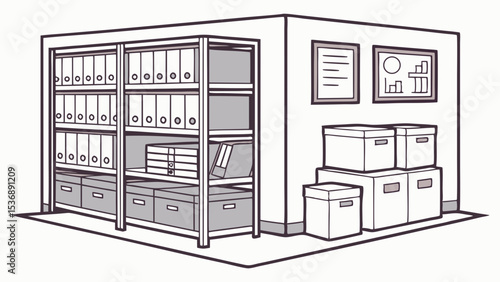 Office Storage Room with Shelves Binders Boxes and Wall Art.