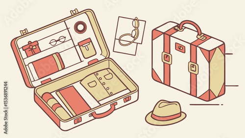 Open and Closed Suitcases with Hat Shirt and Accessories.