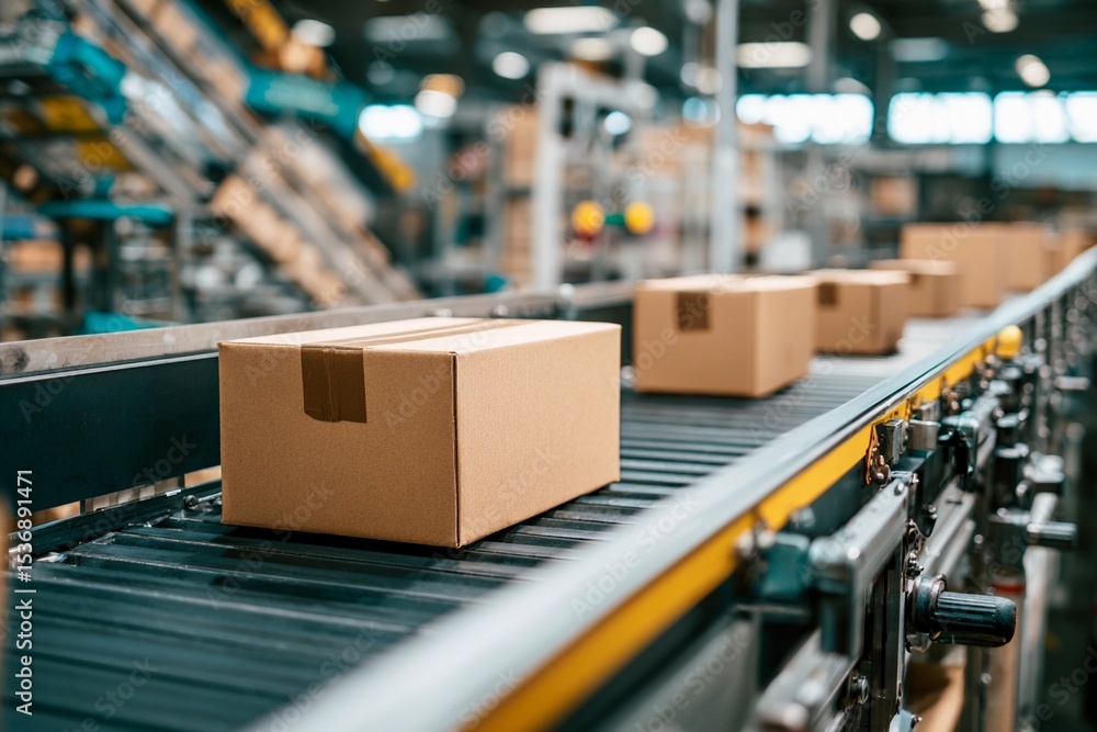 Fototapeta premium Cardboard boxes are moving along a conveyor belt in a distribution warehouse. Workers manage the process, ensuring efficient packaging and shipping during busy daytime hours