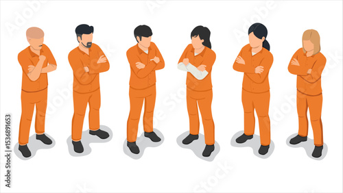 isometric view of orange uniform prisoner inmates