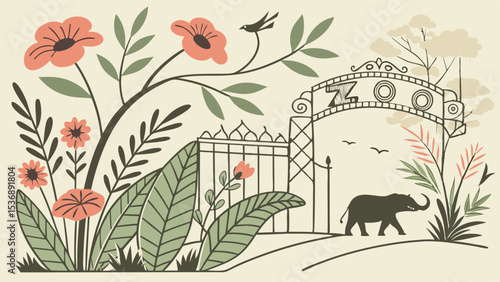 Stylized Zoo Entrance with Elephant Flowers and Foliage.