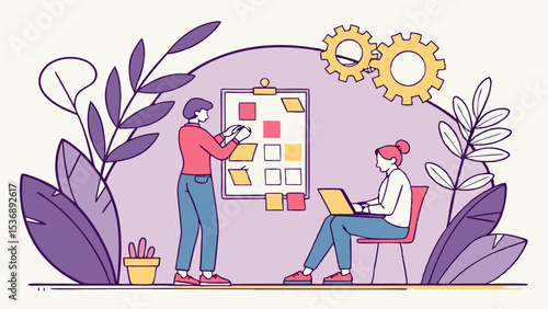 Two people collaborating on a project with sticky notes and a laptop.