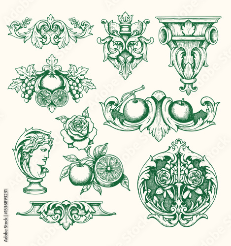 Set of Vintage Baroque Victorian element floral ornament leaf scroll engraved retro flower pattern decorative design. Vector damask patterns with flourishes calligraphic engraved ink style.