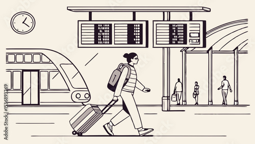 Woman with Luggage Walking at Train Station.