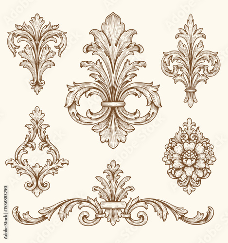 Hand drawn vector retro ornaments. victorian floral ornamental borders, vintage decorative frame elements.