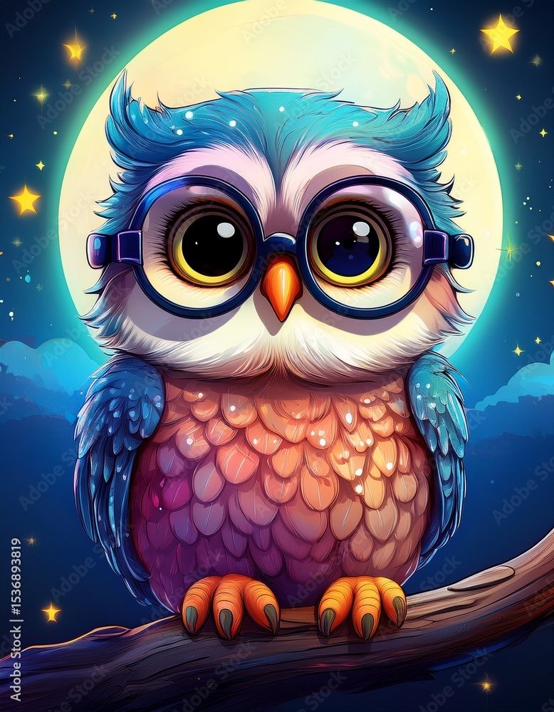 Fototapeta premium Baby-Eule mit Brille auf einem Ast