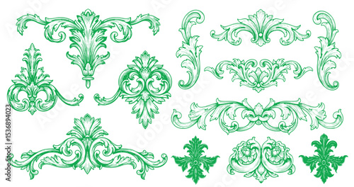 Vintage baroque frame scroll ornament engraving border floral retro pattern antique style acanthus foliage swirl decorative design element filigree calligraphy.