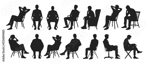 Silhouettes of men seated in various relaxed and thoughtful postures on different chairs, vector illustration set. Collection includes casual, formal and introspective body language.
